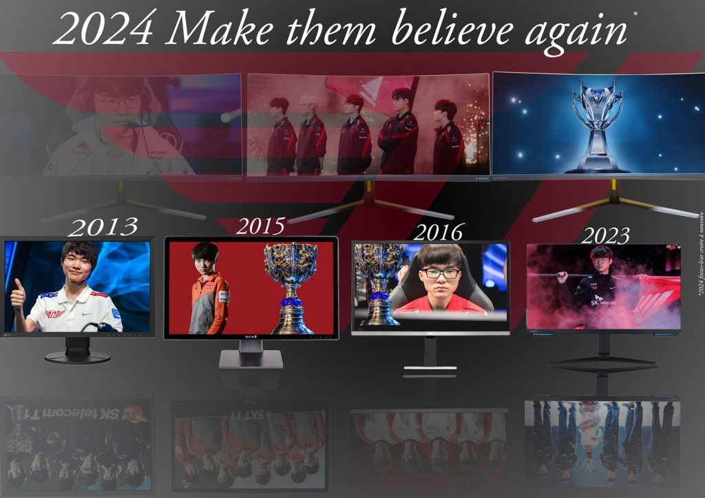 Photomontage de l'équipe d'esport de League of Legends T1 et plus particulièrement de leur joueur star Faker